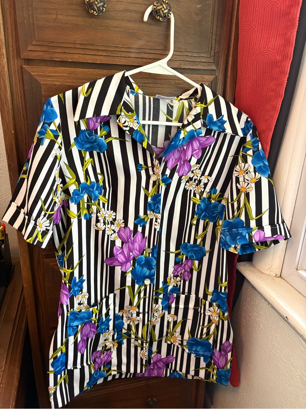 Pykettes 70's Vintage Black & White Striped Floral Button-Up Blouse